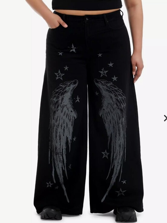 Hot Topic Denim - Hot Topic Wing & Star Print Black Wide Leg Jeans Womens Size 22 100% Cotton